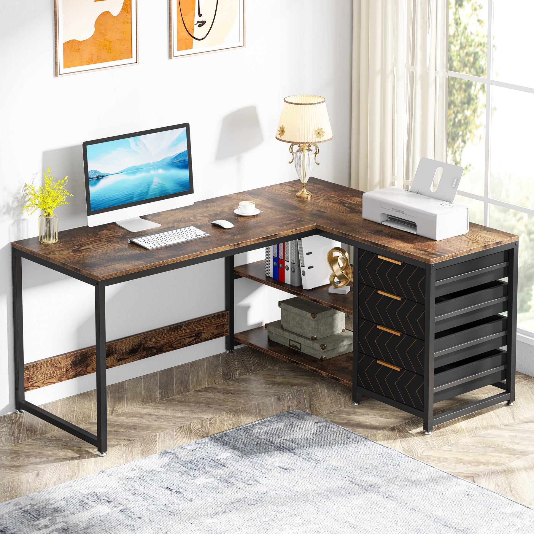 59" Reversible L-Shaped Desk with Drawers